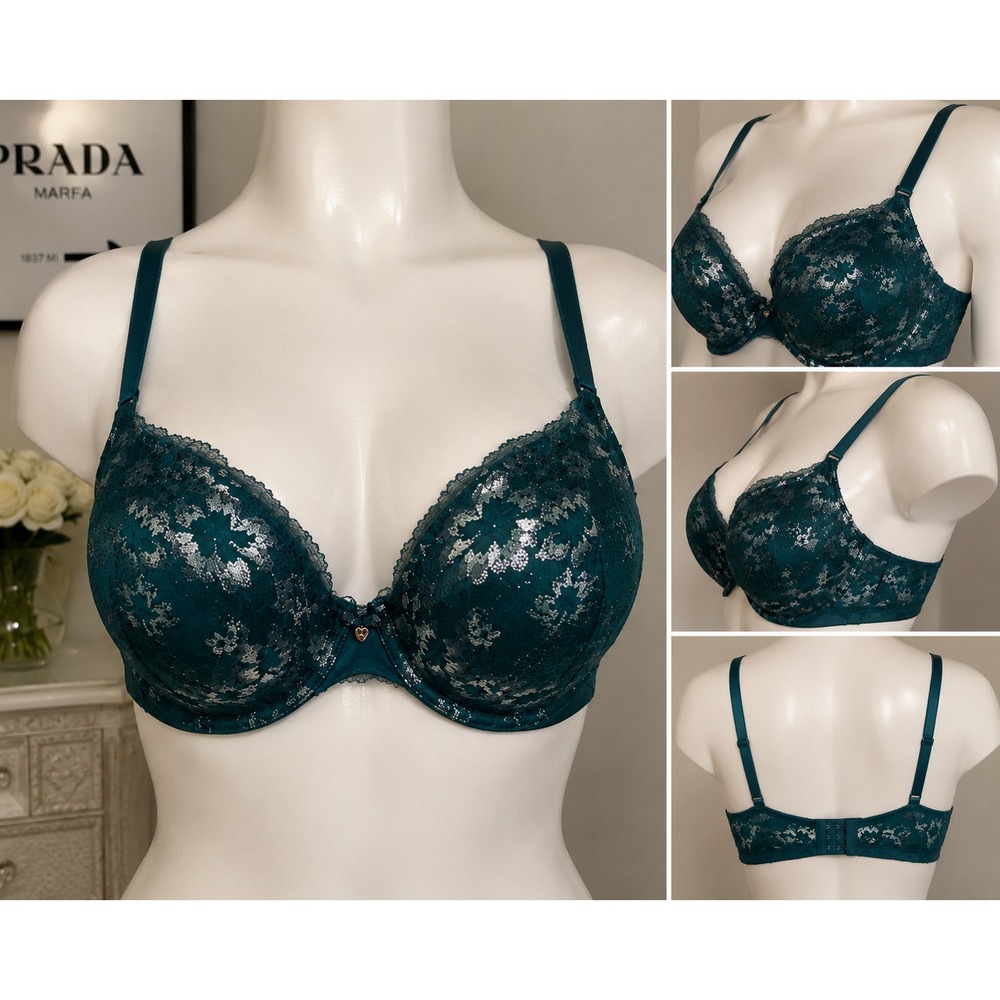 Victoria's Secret Dream Angels Bra 34DDD F75 Green Silver Lace Lined Demi